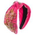 Detailed embroidery of gold and silver beads on a knotted pink fabric headband - Rose Red