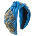 Handmade blue knotted headband with floral gold bead embroidery and sparkling crystals - Blue