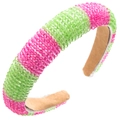Close-up of pink and green crystal beaded headband with non-slip suede inner lining - Rose Gold Green