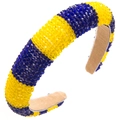 Detailed view of handmade crystal beaded headband with blue and yellow diagonal patterns - Yellow Blue