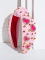 Pink knotted rugby headband with hand-sewn beaded heart, rhinestones, and pearls - Pink Heart Pattern / Pink