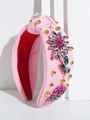 Pink knotted rugby-style headband with hand-sewn rhinestones and mixed bead details - Pink Flower Pattern / Pink