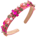 Detail view of pink satin headband featuring crystal rhinestones and vintage metal flowers - Rose Red