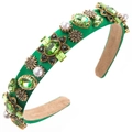 Vintage Baroque green satin headband with emerald gemstones and white pearls - Green