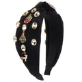 Kerst hoofdband met knoop van fluweel met feestelijke hangers en kristallen details - Zwart