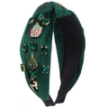 Detailweergave van de donkergroene fluwelen haarband met geëmailleerde kerstbedeltjes - Groen