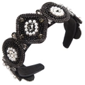 Detailed close-up of baroque style headband with hand-sewn pearls and rhinestones - Black