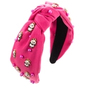 Détail du serre-tête large noué en velours magenta avec breloques panda émaillées - Rose rouge