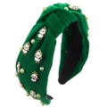 Serre-tête en velours vert noué avec breloques panda et perles sur fond blanc - Vert