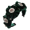 Green velvet headband with handmade floral rhinestones for elegant evening parties - Green