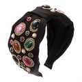 Close-up of bohemian wide knotted headband with colorful gemstones and pearls - Black