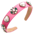 Detail of pink satin headband with heart pearls and colorful rhinestone floral ornaments - Rose Red