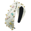 Detailed view of handmade baroque wide headband with colorful charms and crystals - White
