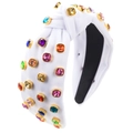 Detail van kleurrijke strass-steentjes en knoopontwerp op de witte fluwelen haarband - Wit