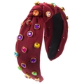 Detail van de bordeauxrode haarknoopband met gekleurde kristallen en goudkleurige zettingen - Rood