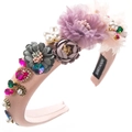 Macro shot of 3D fabric flowers and vibrant rhinestones on a pink handmade headband - Pink