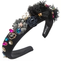 Close-up of handmade baroque headband with colorful rhinestones, pearls and fabric flowers - Black