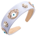 Lavender satin wide headband with golden evil eye charms and pearl floral accents - Light Blue