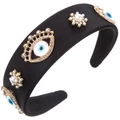 Detail of evil eye and pearl embellishments on a black satin wide headband - Black