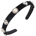 Detail of black velvet headband featuring sunflower pearl and sparkling rhinestones - Pearl White