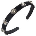 Detailed close-up of velvet headband featuring grey pearls and sparkling crystals - Pearl Black