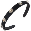 Baroque black velvet headband featuring brown gemstones and grey pearls on a white background - Square Black