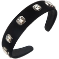 Cerchietto vintage francese in velluto nero con grandi cristalli quadrati incastonati - Stile Cristallo Rettangolare / Trasparente