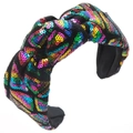 Detail of colorful sequins and knot design on the wide-brimmed festive headband - Iridescent Black