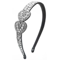 Elegant headband with double crystal hearts and shimmering rhinestones on black thin band - White