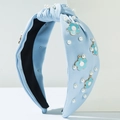 Diadema de tela azul con nudo, perlas blancas y colgantes de flores de esmalte azul - Azul