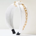 Eleganter weißer geknoteter breiter Haarreif mit Goldkette und Perlen für Damen - Weiß
