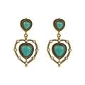 Detail of bohemian gold earrings with turquoise heart stones and white beaded accents - Heart / Gold