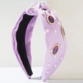 Knotted lavender fabric headband with white pearls and vintage rose enamel charms - Purple