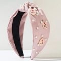 Pink fabric knotted headband with white pearls and vintage rose alloy charms - Pink