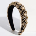 Cerchietto lussuoso in velluto nero con strass brillanti e perle bianche intarsiate - Marrone