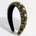 Cerchietto barocco in velluto nero con cristalli verde smeraldo e perle dorate - Verde