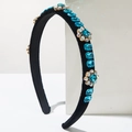 Vintage velvet headband with sea blue crystals and floral rhinestone embellishments - Blue