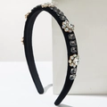 Retro black velvet headband with vintage floral crystals and square rhinestones - Black