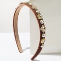 Diadema acolchada brillante con pedrería y perlas sobre terciopelo marrón - Marrón