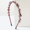 Baroque style thin headband with purple crystals and gold beads on a white display block - Purple