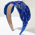 Close-up of royal blue baroque headband featuring intricate rhinestones and crystals - Blue