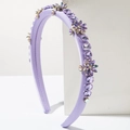 Close-up of handmade lavender satin headband with purple crystal flowers and rhinestones - Light Purple