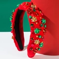 Christmas knotted red fabric headband decorated with festive rhinestones and gift charms - Red Luxury Style