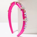 Detail of rose pink satin headband with colorful crystals and sparkling rhinestones - Rose Red