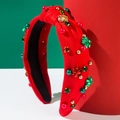 Detail of red knitted Christmas headband with colorful pearls, rhinestones and metal bows - Red Classic