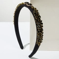 Baroque black velvet padded headband with large crystal gemstones and gold metallic claws - Black