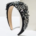 Baroque black sponge headband featuring dark grey crystals and white pearls in floral design - Gray