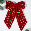 Red velvet Christmas bow hair clip with sequins, stars and festive tree decorations - Red