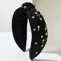 Cerchietto annodato in tessuto nero con strass scintillanti e ciondoli a croce d'oro - Nero