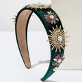 Cerchietto in velluto verde scuro con motivi a girasole di strass colorati - Verde